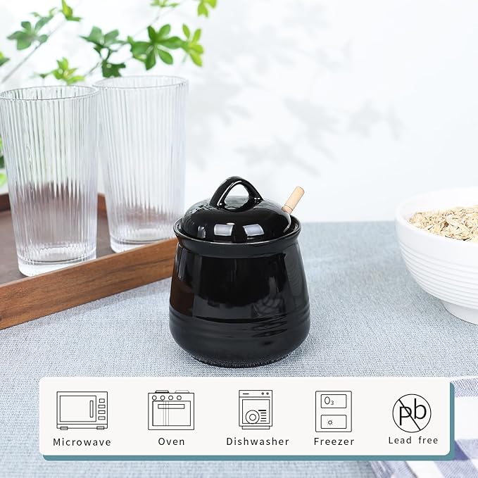 HAOTOP Ceramic Honey pot with Lid and Honey Dipper,Porcelain Honey Jar Easy to Clean and Dishwasher Safe,12oz (Black)