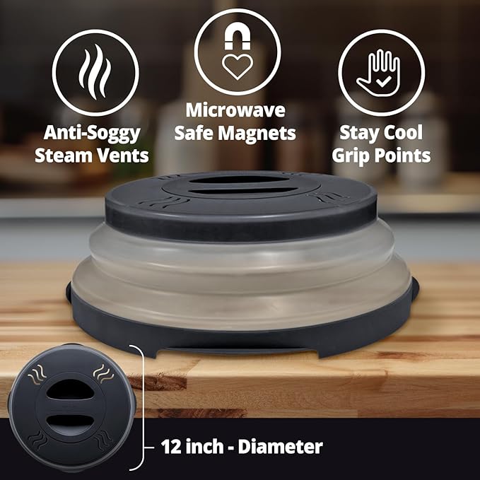 2.0 Magnetic Microwave Splatter Cover, Collapsible 12-Inch BPA-Free Food Lid with Upgraded Magnets, Vented Plate Guard, Dishwasher Safe, Space-Saving Magnetic Storage - Black