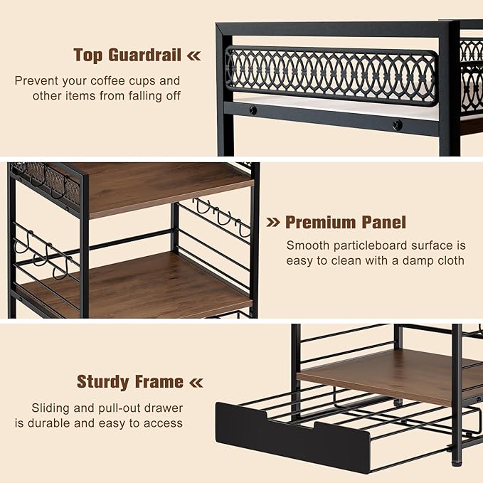Coffee Bar Organizer, 3 Tier Coffee Station Organizer for Countertop, 30 K Cup Pod Drawer, Mug Cup Holder Stand With 12 Hooks, Multifunctional K Pods Shelf Storage Holder Drawer