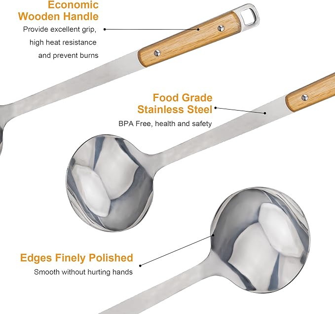 FJNATINH Stainless Steel Soup Ladle, Large Metal Ladel Spoon for Serving, Cooking, Wok, Soup, Heat-proof Wooden Handle, Heavy Duty Wok Tool 13.7 Inches