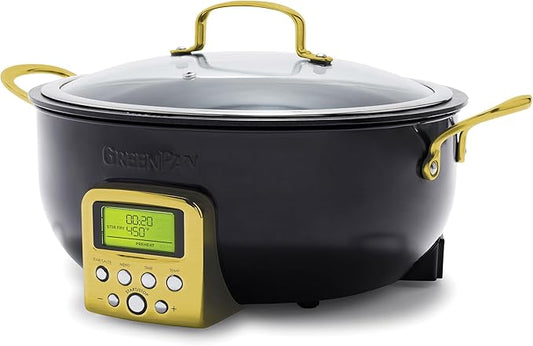 GreenPan Elite Essential Smart Electric 6QT Skillet Pot, Presets to Sear Saute Stir-Fry and Cook Rice, Healthy Ceramic Nonstick and Dishwasher Safe Parts, Easy-to-use LED Display, Gold