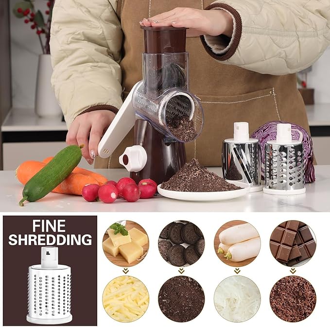 Cambom Rotary Cheese Grater Hand Crank Cheese Shredder for Fresh Cheese, Vegetable, Nuts,Non-slip Suction Base, Free Cleaning Brush Three Blades, Coffe Color