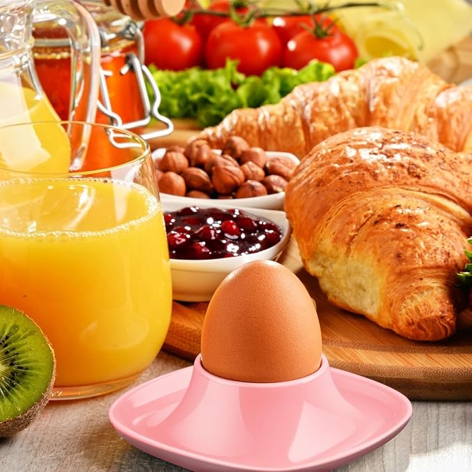 Flexzion Egg Cups for Soft Boiled Eggs - Set of 6 Ceramic Egg Holder - Stackable Egg Coddler Cups with Base for Serving, Breakfast, Brunch - Kitchen Table Decor, Pink