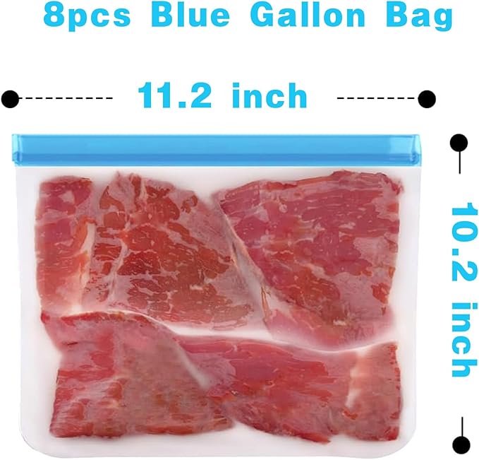 8 Pack Reusable Gallon Bags Dishwasher Safe, Silicone Leakproof Reusable Freezer Bags, BPA Free Reusable Food Storage Bags for Candy, Snack, Cereal, Travel Items, Home Organization（Blue）