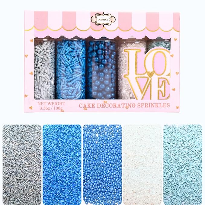 Confect Blue Sprinkles Mix – 5 Shades of Blue with Navy Dragees, Silver, Baby Blue Jimmies & White Sparkling Sugar | Edible Sprinkles for Cakes, Cupcakes & Baking | Vegan, Gluten-Free, Nut-Free, Soy-Free, Dairy-Free, Palm Oil-Free- 5 Oz