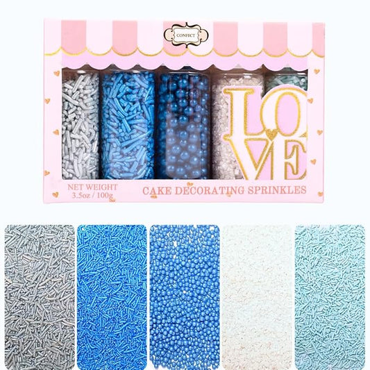 Confect Blue Sprinkles Mix – 5 Shades of Blue with Navy Dragees, Silver, Baby Blue Jimmies & White Sparkling Sugar | Edible Sprinkles for Cakes, Cupcakes & Baking | Vegan, Gluten-Free, Nut-Free, Soy-Free, Dairy-Free, Palm Oil-Free- 5 Oz