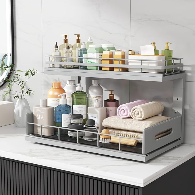 2 Pack 18 IN Depth Under Sink Organizer with Smooth Ball Bearing Slides,2-Tier Pull Out Cabinet Storage,Slide Out Drawers for Bathroom&Kitchen,Rust-resistant Coating,Height Adjustable-Gun Gray