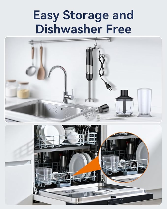 Immersion Blender Handheld 1000W 5 in 1 Corded Stick Hand Blender Kitchen with 12 Speed, BPA-Free, Mixing Beaker, Chopper, Whisk, Milk Frother, Perfect Emulsifier for Soup, Baby Food, Sauce, Puree