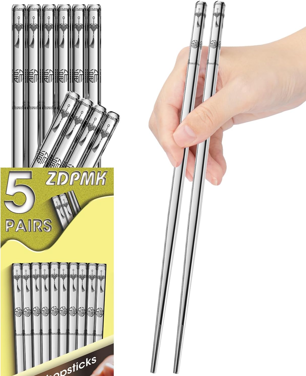 Stainless Steel Chopsticks - 5 Pairs Reusable Metal Chopsticks Dishwasher Safe, Japanese Chinese korean Chop sticks Set,Non-Slip Stainless Chop sticks, Silver Metal Chop sticks for Adults