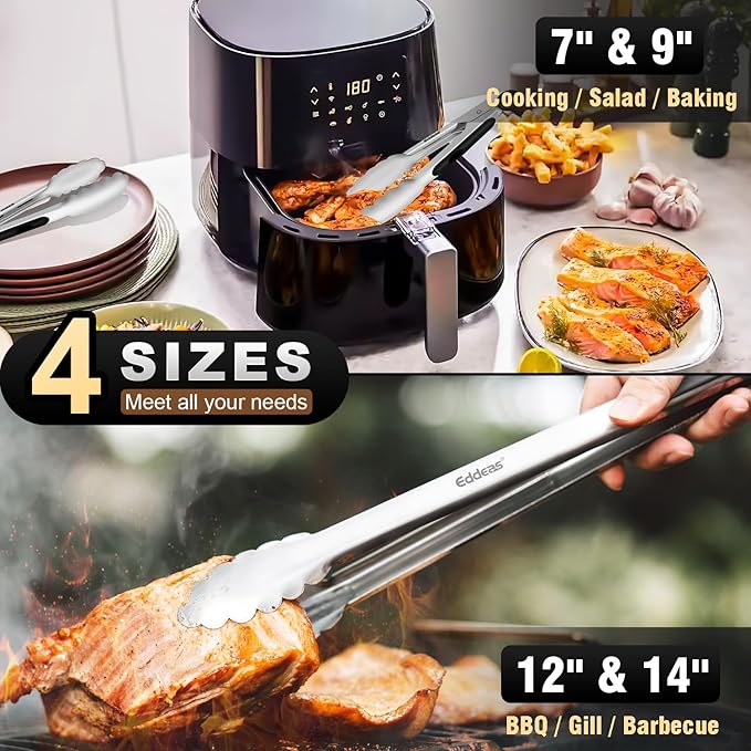 Grill Tongs - BBQ Tongs Heat Resistant 600 Degrees, Heavy Duty Metal, Perfect for Cooking, Grilling, Set of 4, 7",9",12" & 14 inch Black