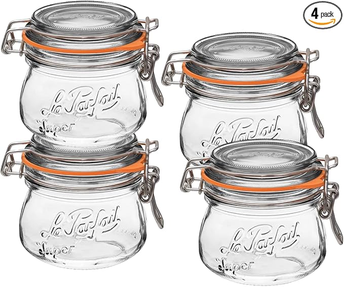 Le Parfait Super Jar, Canning Jars, 250mL French Glass Canning Jar w/Round Body, Glass Jars w/Airtight Lid, Canning Jars Wide Mouth, Glass Jar w/Lid, Clear Jars, Clear Glass Jars (8oz/Half Pint, 4 pk)