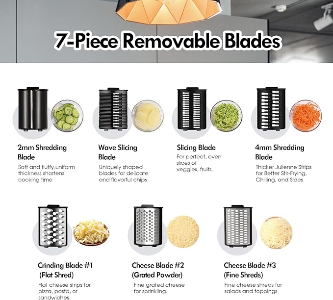 ULTACElectric Cheese Grater,Electric Cheese Grater for Block Cheese with 7 Different Shapes of Blades, 250W Electric Slicer Shredder, Electric Salad Machine for Cheeses, Fruits, Vegetables