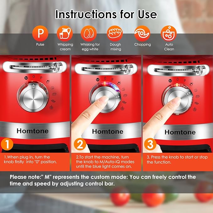 Homtone 16 Cup Food Processor, Large Food Processors, 6 Preset Modes Vegetable Chopper Electric, 6 Blades 8 Functions for Home Use, Stepless Speed Control, 650W, Red