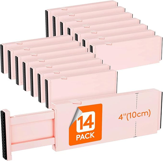 Lifewit 14 Pack Drawer Dividers 4" High, 11-17" Adjustable Drawer Organizers for Clothes, Expandable Dresser Separators in Bedroom/Bathroom/Kitchen/Fridge/Office Organization and Storage, Pink
