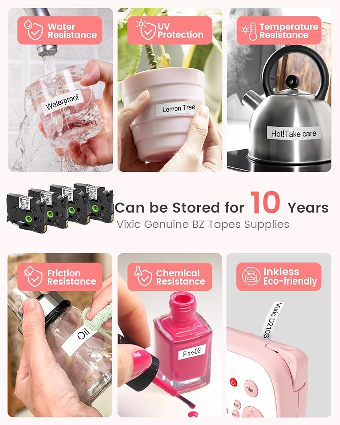 Pink Label Maker, D210S Label Maker with Tapes Waterproof, Handheld Label Makers Labeler Includes USB-C for Power, Easy-to-Read Screen, Multiple Fonts Icons Frames for Home Office Organization