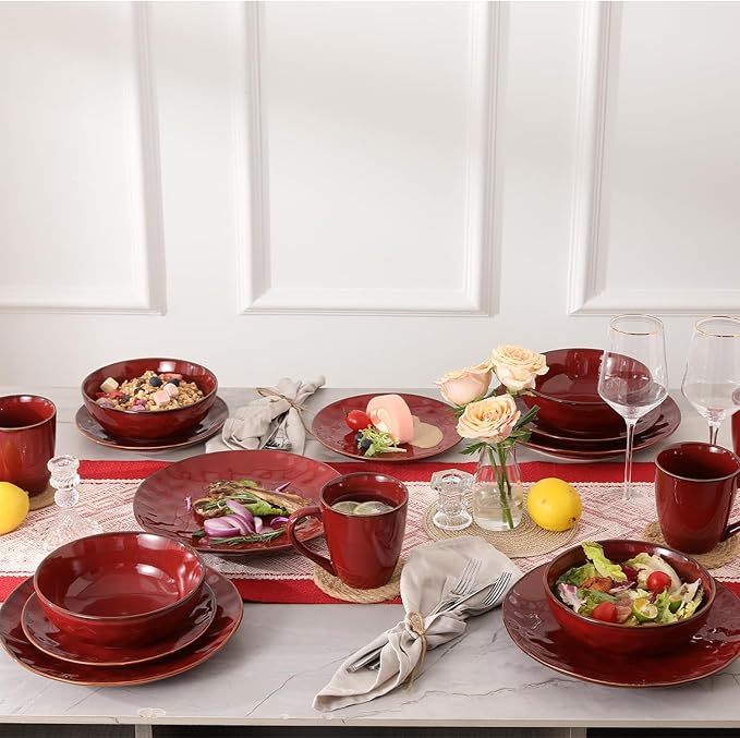 vicrays Ceramic Salad Bowls Set for Kitchen, Serving - 32 Ounce Soup Bowls, Pasta Bowls, Chip Resistant, Dishwasher Microwave Safe, Large, Fluted, Stoneware, Set of 6 (Cherry Red)