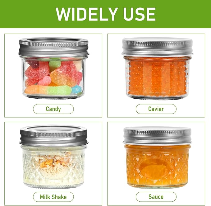 4 oz Small Mason Jars, 16 Pack Mini Canning Jars with 2 Types of Lids, 16 Split-Type and 16 One-Piece Lids for Dessert, DIY