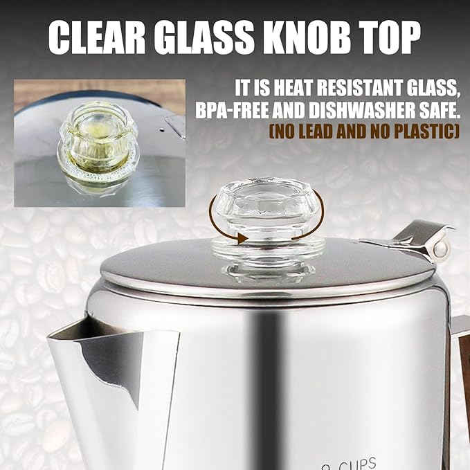 Percolator Coffee Pot Using on Induction Cooker & Campfire Stove, Stainless Steel Camping Coffee Pot Coffee Maker with Tempered Borosilicate Glass Knob Top NO Aluminum NO Plastic 9 Cup