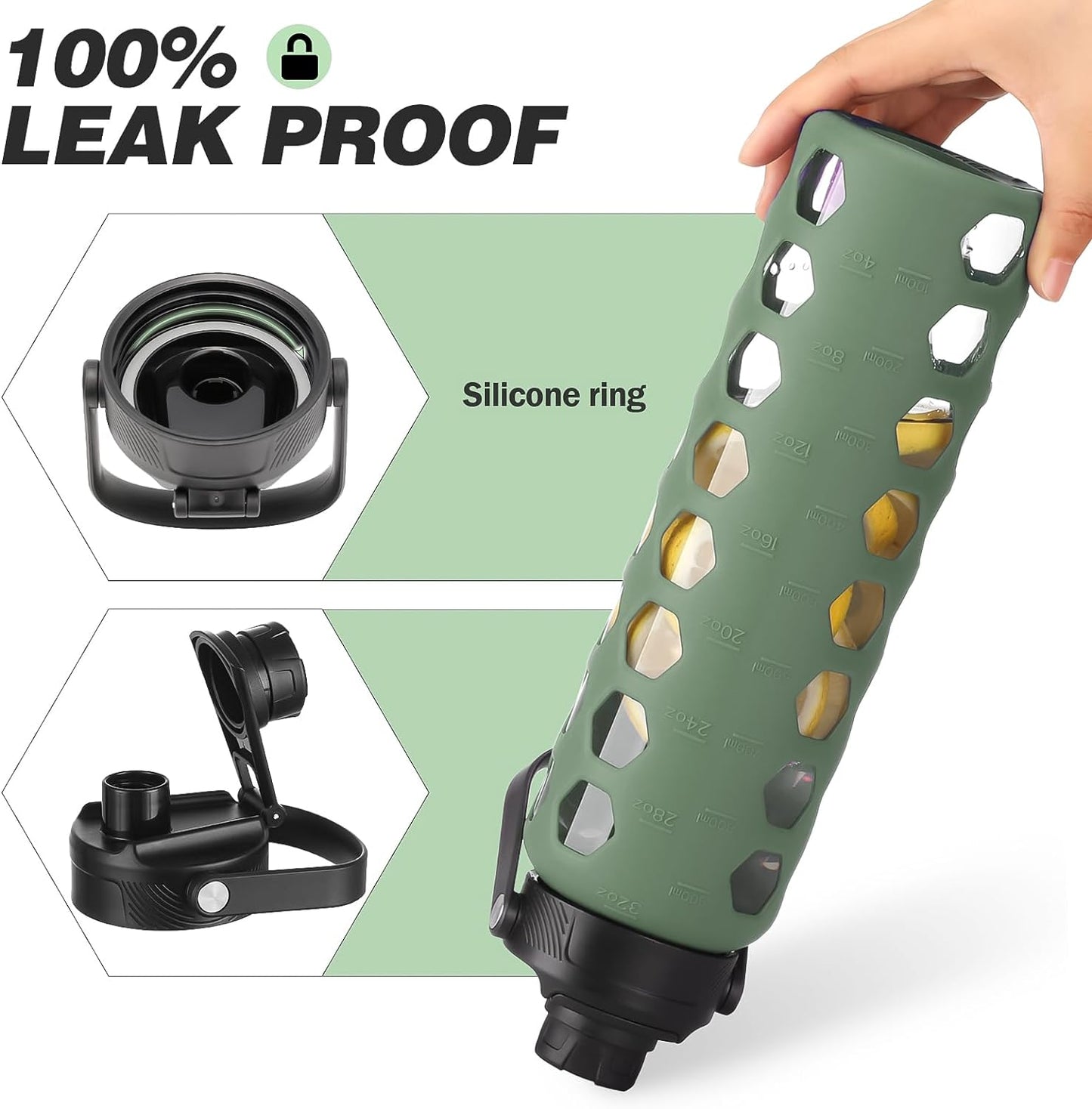 MUKOKO Glass Water Bottles, 32oz Glass Tumbler with Straw, Drinking Bottles with 2 Lids-Handle Spout Lid&Bamboo Straw Lid, Motivational Water Bottle with Time Marker and Silicone Sleeve, 1 Pack-Olive