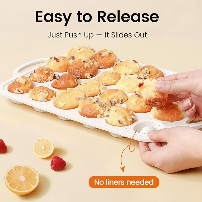 Silicone Mini Muffin Pan With Metal Reinforced Frame - 24 Cups Durable Silicone Cupcake Pan for Muffin, Cupcakes, BPA Free and Dishwasher Safe - 1 Piece Beige with Rainbow Spots