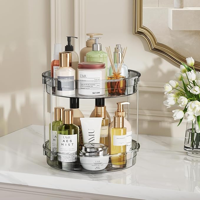 LAMU 2 Pack 2 Tier Lazy Susan Turntable Organizer 12'' Rotating Spice Rack Organization for Cabinet, Kitchen, Pantry, Countertop, Bathroom, Vanity, Medicine Cabinet Organizer, Grey