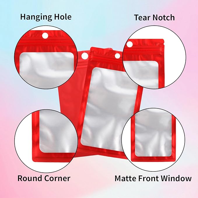 200 Pack Resealable Mylar Holographic Bags Food Storage Smell Proof Bags with Front Window Foil Packaging Pouch for Candy Sample Jewelry Small Business 3.15×5.51 Inch, Red