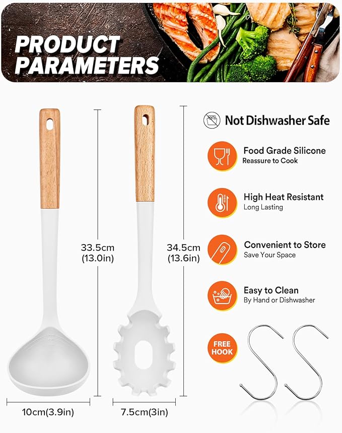 Pasta Fork and Ladle Set, Perfect for Serving Hot Soup, Stirring, and Sauce Pasta, BPA-Free Matte Silicone, Wood Handle Spaghetti Spoon for Nonstick Cooking Surfaces (White)