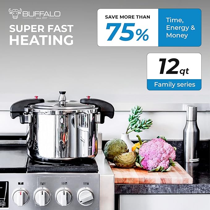 Buffalo 12 Quart Pressure Cooker Stainless Steel - Large Canning Pot with Lid for Home, Commercial Use - Easy to Clean Induction Stove Top Pressure Canner, Can Cooker - SG Certificate QCP412