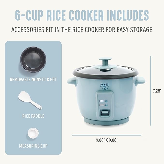 GreenLife Electric Rice Cooker, 3-Cups Uncooked/6-Cups Cooked, Removable PFAS-Free Nonstick Pot, One-Switch Design, Auto Keep Warm, Small Space Saving, Rice Paddle, Soup, Grains, Oatmeal, 1.5 QT, Blue