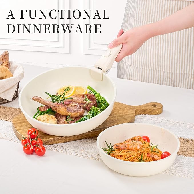 JEETEE Pots and Pans Set Non Stick 20 Pcs, Cookware Set Detachable Handle, RV Kitchen Cooking Set Removable Handles, Stackable Non-stick Set, Oven Safe, Beige