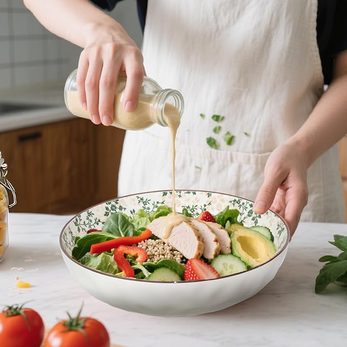 Large Serving Bowls, 78Oz Extra Large Salad Bowls Set of 2, Green Floral Pattern Design Decorative Bowls for Salad, Fruit, Pasta and Dinner, Serving Dishes Set for Party (Green Floral of 2)