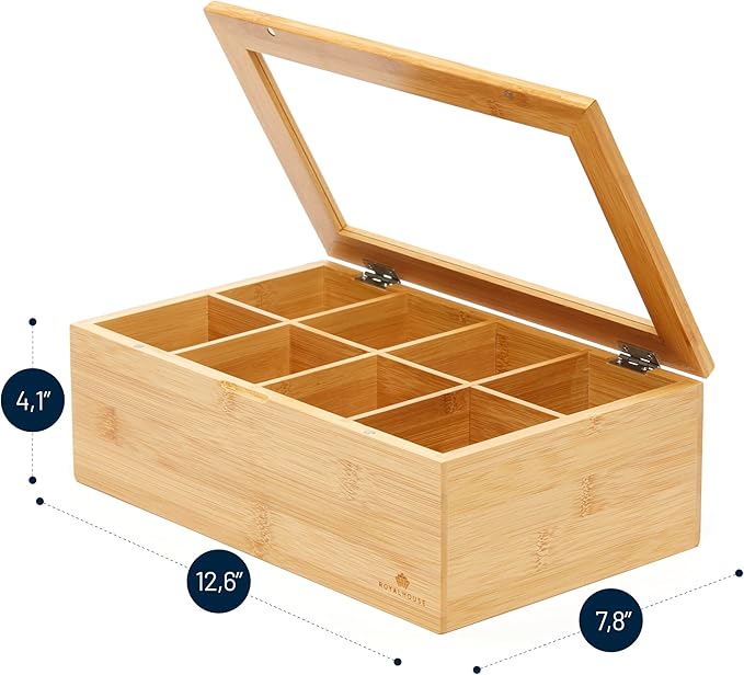 RoyalHouse Big Natural Bamboo Tea Storage Organizer with Clear Acrylic Top Window, 8 Compartments Eco-Friendly Tea Bag Holder, Multi-Functional Storage Box