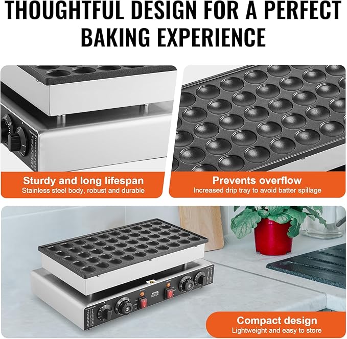 VEVOR 110V Mini Dutch Pancake Baker, 50PCS 1700W Commercial Electric Nonstick Waffle Maker Machine, 1.8 Inches Pancake Maker with 2 Thermostats & 2 Timers Separate Control, for Home and Restaurants