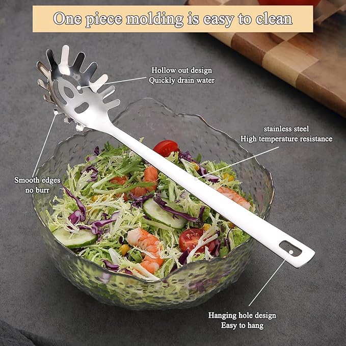 Spaghetti Spoon, ReaNea Pasta Server, Stainless Steel Pasta Spoon with Teeth, One-Piece Metal Pasta Fork, Noddle Fork Kitchen Utensils, Heat Resistant, Dishwasher Safe, Easy to Clean