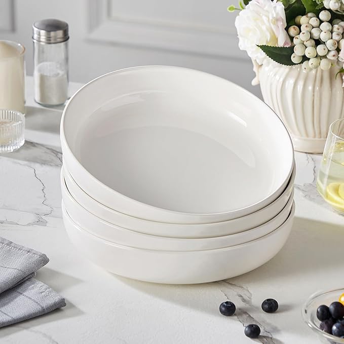 MALACASA 48 Oz Pasta Bowls Set of 4, 9 Inch Salad Bowls, White Ceramic Serving Bowls for Kitchen, Microwave & Dishwasher Safe, Series LUNA, White