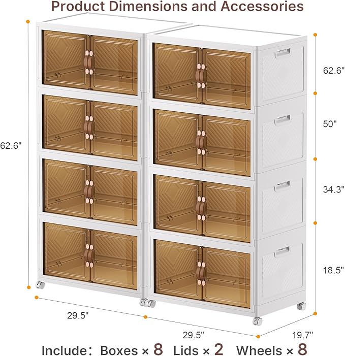 Extra Large Stackable Storage Bins with Lids and Wheels, Foldable Collapsible Closet Organizers,1344QT-168QT/42GAL*8Pack Plastic Stackable Storage drawers for bedroom Dorm