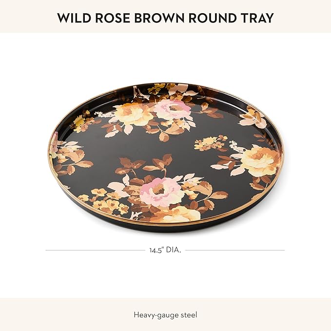 MACKENZIE-CHILDS Enamel Round Tray, Unique Serving Platter for Food and Drinks, Wild Rose Brown