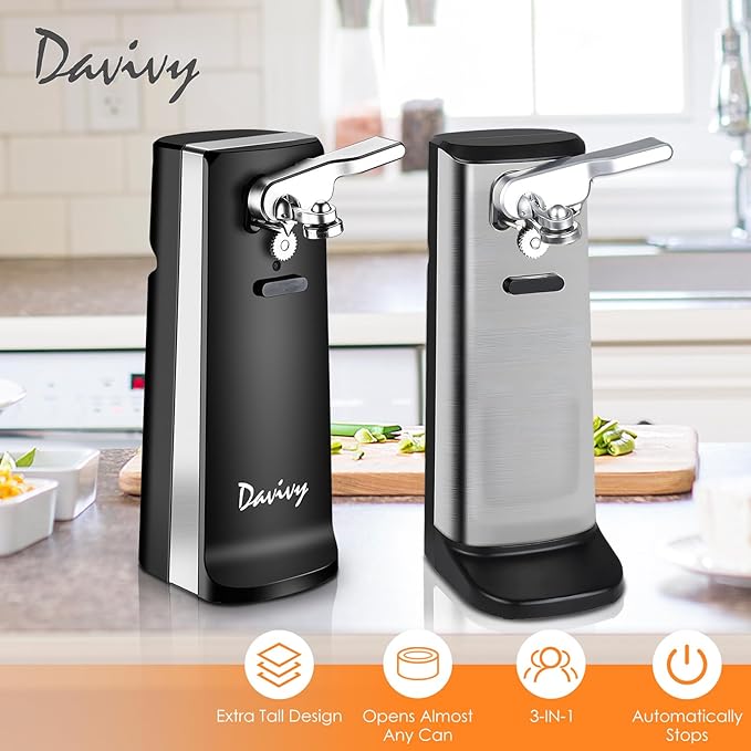Davivy Electric Can Opener,Stainless Steel Tall Automatic Can Opener, Knife Sharpener and Bottle Opener (Black)