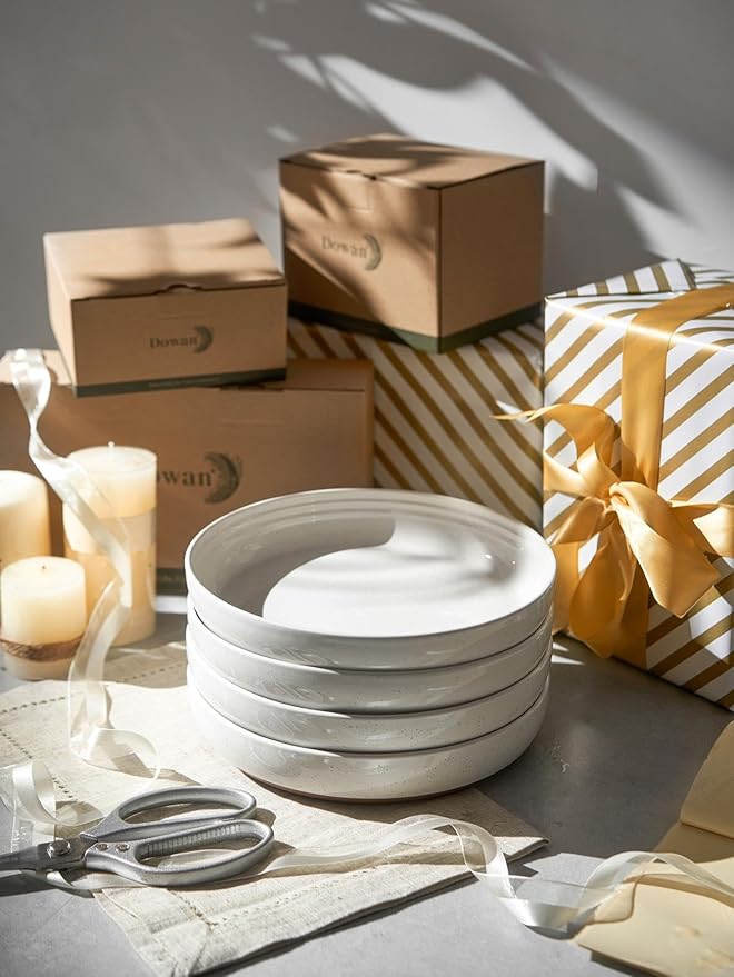 DOWAN 9.6" Ceramic Pasta Bowls Set of 4, Large Shallow White Dinner Bowls with Sesame Glaze Finish, Wide Bowl Plates for Pasta, Salad, Soup & Stew, Microwave & Dishwasher Safe, Housewarming Gift