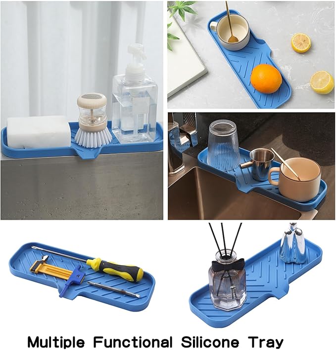 Silicone Bathroom Soap Dishes with Drain Spout-Bathroom and Kitchen Sink Organizer,Sponge Holder,Dish Soap Tray,Perfect for Dispenser,Scrubber,Bottle,Cup on Sink or Counter-Lichen Blue 12"×4"