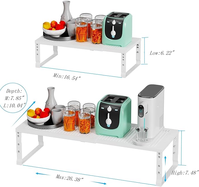 Expandable Spice Rack Kitchen Cabinet Shelf Organizer, Stackable Storage Shelves Racks, Adjustable Counter Shelving for Cabinets, Countertop, Cupboard,Pantry and More(1Pack/White/Large)