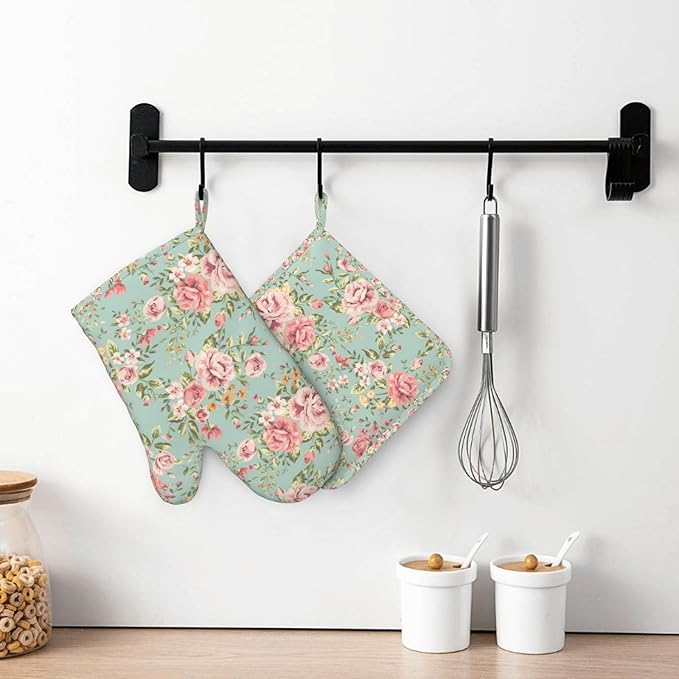 Pink Flower Oven Mitts Pot Holders Set Silicone Vintage Spring Romantic Bloom Floral and Leaf Green Kitchen Oven Mitts Heat Resistant Potholders Non-Slip 4pcs Hot Pads and Oven Gloves Sets
