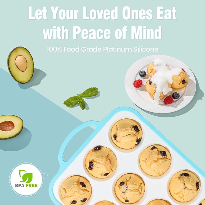 Silicone Muffin Pans for Baking 1 Pack, 2.6 Inch with Metal Reinforced Frame, Regular Size Nonstick Cupcake Pan 12 Cups for Baking Homemade Muffins, Dishwasher Safe BPA Free-Blue