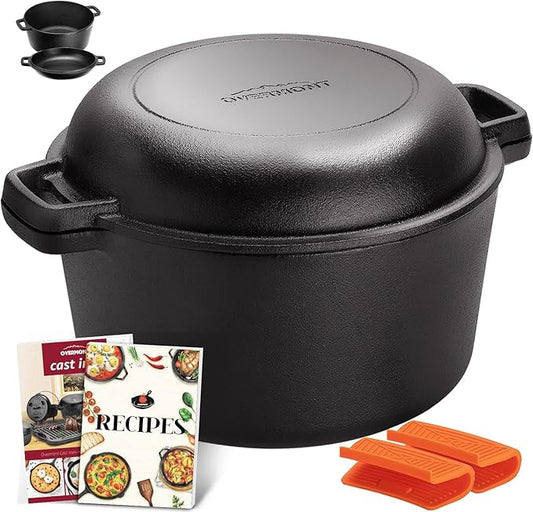 Overmont 2 in 1 Pre Seasoned Dutch Oven with Skillet Lid for Induction, Electric, Grill, Stovetop, BBQ, Camping (5 Quart)