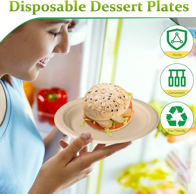 Eco Friendly Small Paper Plates - 6 Inch, 50 Pack, Compostable, Made of Sugarcane Fibers, Brown, Dessert Plates