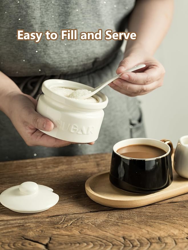 Gomakren Sugar Bowl with Lid and Spoon, Sugar Container Sugar Dish 10oz, Ceramic Sugar Jar for Coffee Bar, Kitchen, Countertop - Modern Farmhouse Kitchen Christmas Decor, White