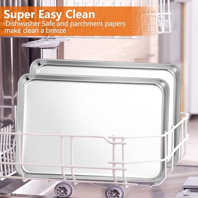 Large Baking Sheet, E-far 18”x13” Stainless Steel Cookie Sheet Pan for Oven with 50 Parchment Paper, Rectangle Metal Baking Tray for Roasting, Rust Free & Heavy Duty, Dishwasher Safe-2 Pack