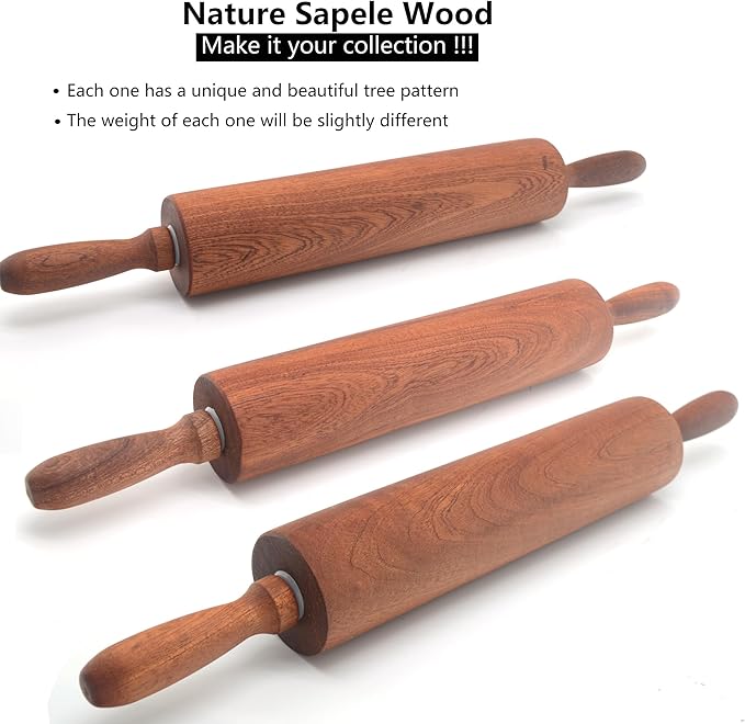 Classic Sapele Wooden Rolling Pin With Handles,Wood Baking Roller Large (17.3"L x 2.3"W)