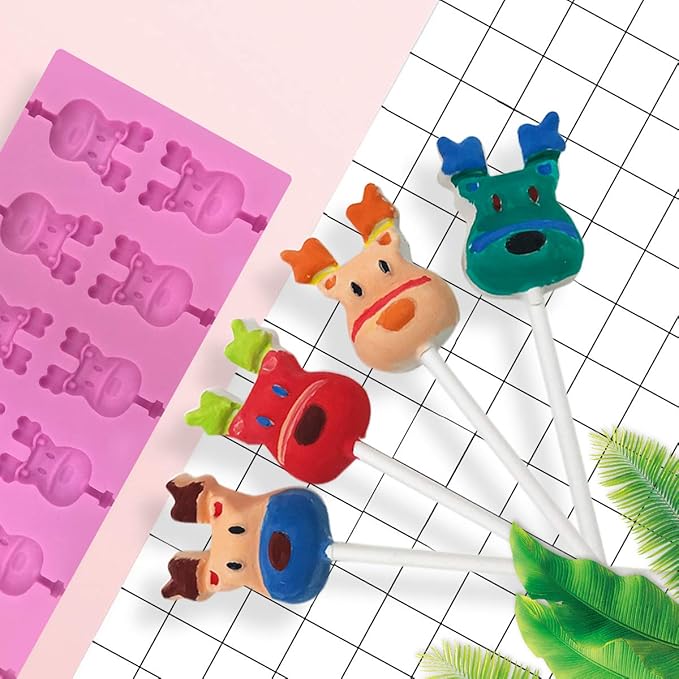 12 Capacity Silicone Deer Lollipop Mold Set, Sucker Molds and Chocolate Hard Candy Mold with 50pcs Lollipop Sucker Sticks, Candy Treat Bags, Gold Ties. (Deer)