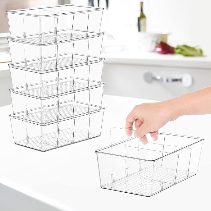 wilfox Pantry Organizer, 7 Pack Clear Organizer Bins with Removable Dividers, Pantry Organizers and Storage, Fridge Organizer and Cabinet Organizer for Snack, Pouches, Spice Packets